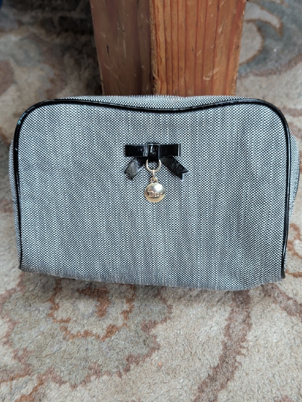 Dior Gray Cosmetic Travel Pouch with Black Bow Accent